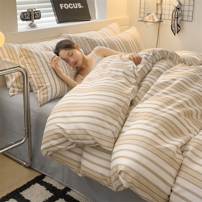 91家纺网 家纺一手货源 找家纺 眠帛家纺 2023新款极简色织水洗棉印花四件套 夏日驼