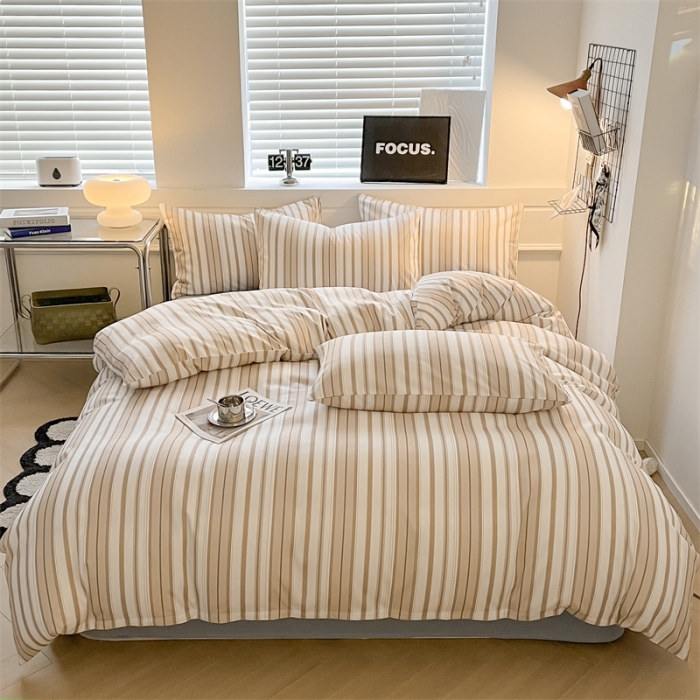 91家纺网 家纺一手货源 找家纺 眠帛家纺 2023新款极简色织水洗棉印花四件套 夏日驼