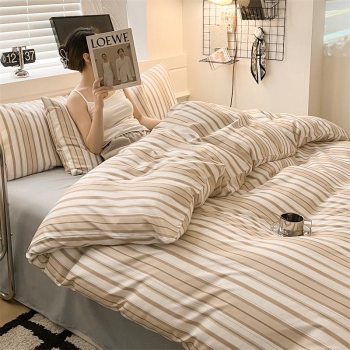 91家纺网 家纺一手货源 找家纺 眠帛家纺 2023新款极简色织水洗棉印花四件套 夏日驼