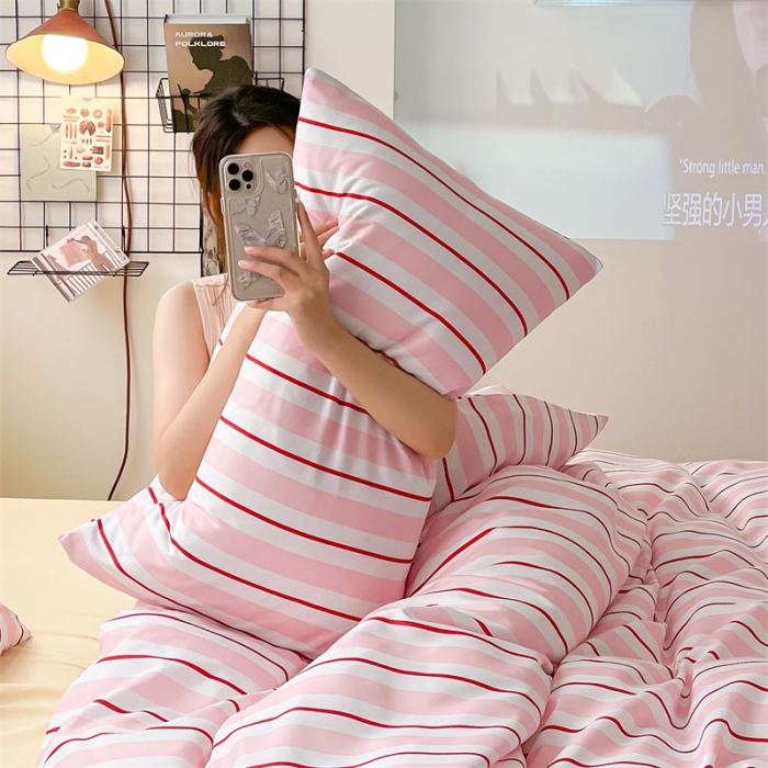 91家纺网 家纺一手货源 找家纺 眠帛家纺 2023新款极简色织水洗棉印花四件套 云舒粉