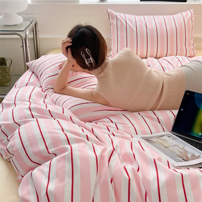 91家纺网 家纺一手货源 找家纺 眠帛家纺 2023新款极简色织水洗棉印花四件套 云舒粉