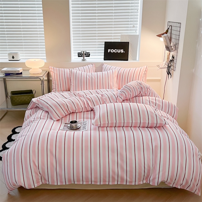 91家纺网 家纺一手货源 找家纺 眠帛家纺 2023新款极简色织水洗棉印花四件套 云舒粉