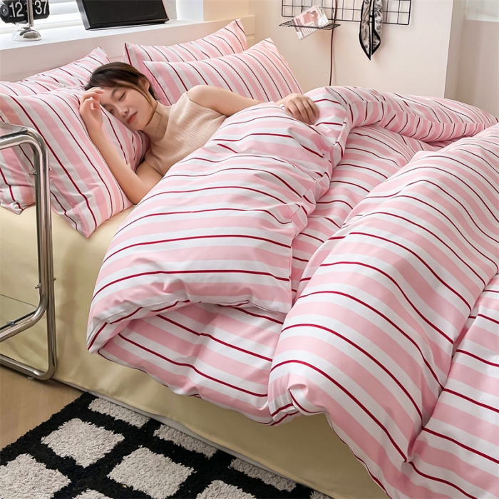 91家纺网 家纺一手货源 找家纺 眠帛家纺 2023新款极简色织水洗棉印花四件套 云舒粉