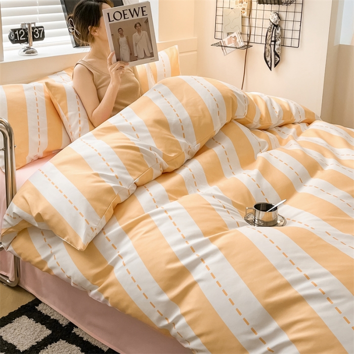 91家纺网 家纺一手货源 找家纺 眠帛家纺 2023新款极简色织水洗棉印花四件套 云舒黄