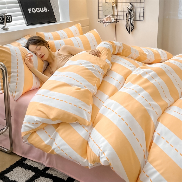 91家纺网 家纺一手货源 找家纺 眠帛家纺 2023新款极简色织水洗棉印花四件套 云舒黄