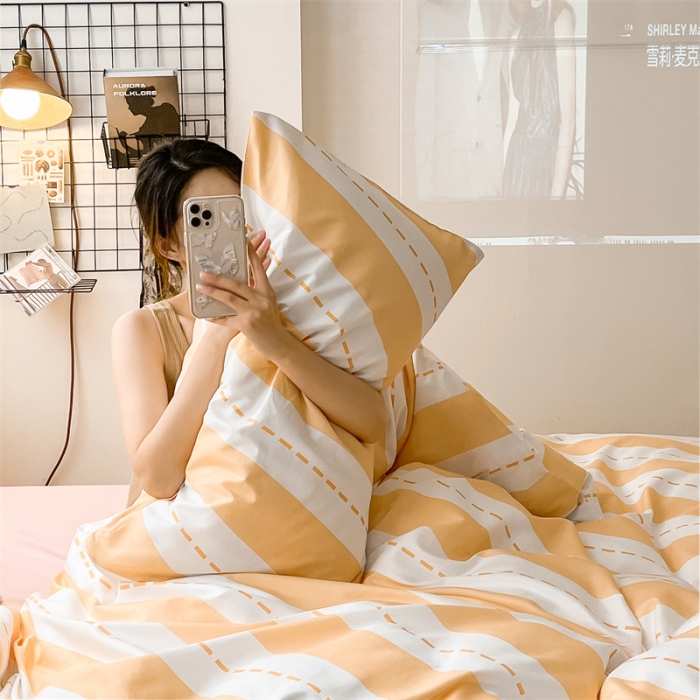 91家纺网 家纺一手货源 找家纺 眠帛家纺 2023新款极简色织水洗棉印花四件套 云舒黄