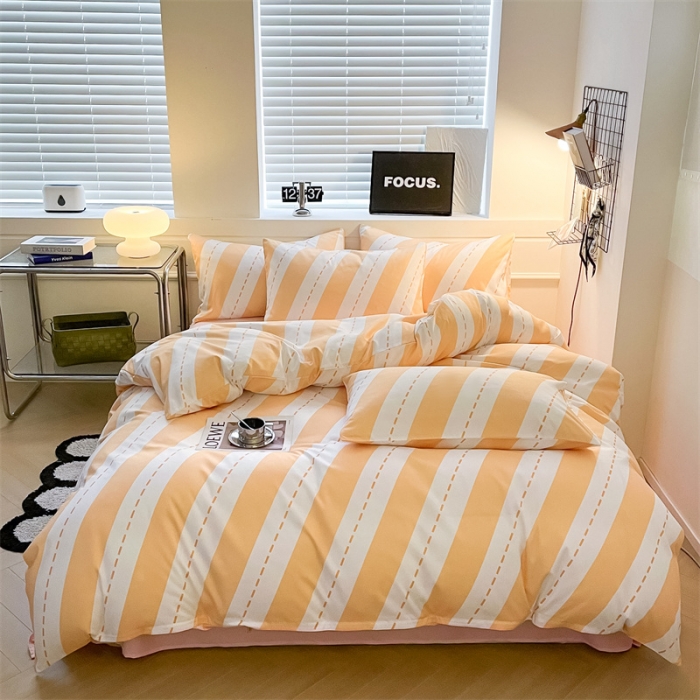 91家纺网 家纺一手货源 找家纺 眠帛家纺 2023新款极简色织水洗棉印花四件套 云舒黄