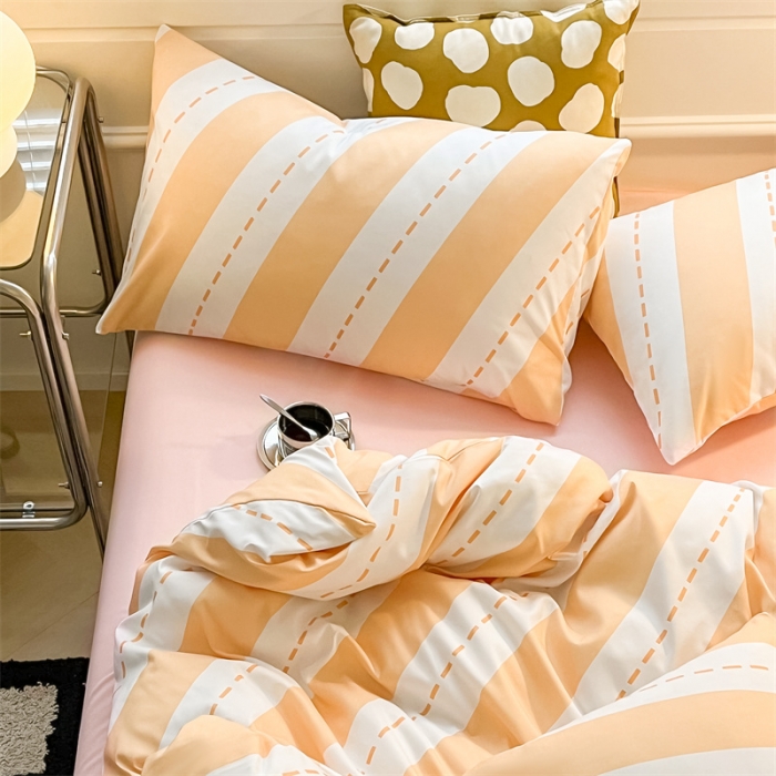 91家纺网 家纺一手货源 找家纺 眠帛家纺 2023新款极简色织水洗棉印花四件套 云舒黄