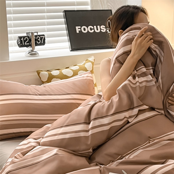 91家纺网 家纺一手货源 找家纺 眠帛家纺 2023新款极简色织水洗棉印花四件套 云舒咖