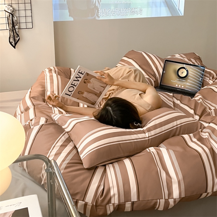 91家纺网 家纺一手货源 找家纺 眠帛家纺 2023新款极简色织水洗棉印花四件套 云舒咖