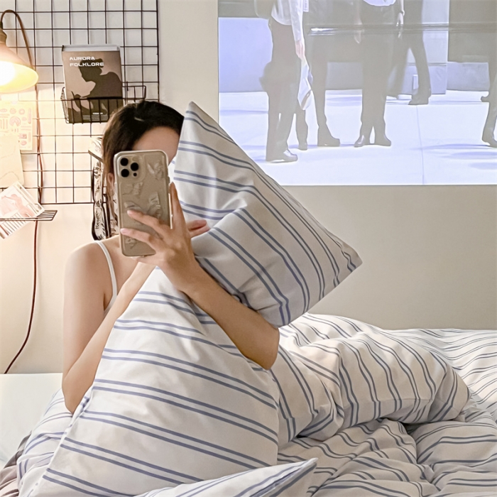 91家纺网 家纺一手货源 找家纺 眠帛家纺 2023新款极简色织水洗棉印花四件套 云舒兰