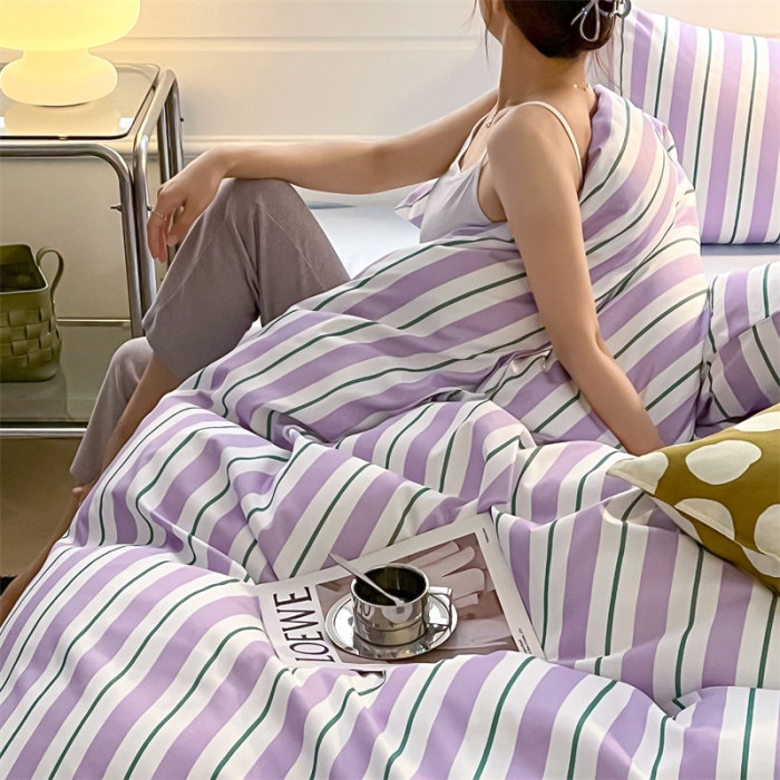 91家纺网 家纺一手货源 找家纺 眠帛家纺 2023新款极简色织水洗棉印花四件套 云舒紫