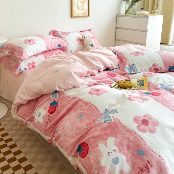 91家纺网 家纺一手货源 找家纺 盛馨家纺 全棉ins北欧风高支高密全棉喷气小清新纯棉四件套 草莓兔