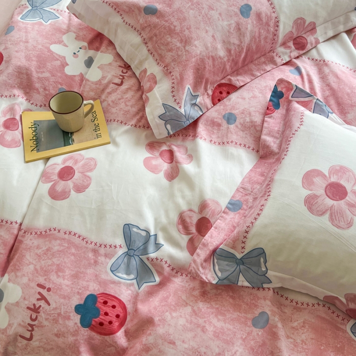 91家纺网 家纺一手货源 找家纺 盛馨家纺 全棉ins北欧风高支高密全棉喷气小清新纯棉四件套 草莓兔