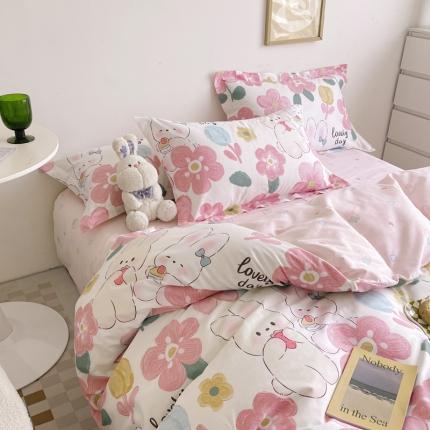 盛馨家纺 全棉ins北欧风高支高密全棉喷气小清新纯棉四件套 花粉兔