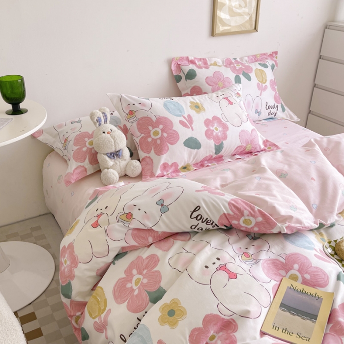 91家纺网 家纺一手货源 找家纺 盛馨家纺 全棉ins北欧风高支高密全棉喷气小清新纯棉四件套 花粉兔