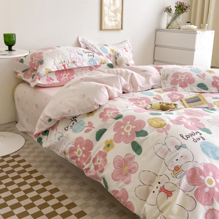 91家纺网 家纺一手货源 找家纺 盛馨家纺 全棉ins北欧风高支高密全棉喷气小清新纯棉四件套 花粉兔