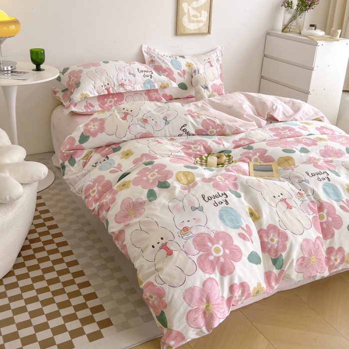 91家纺网 家纺一手货源 找家纺 盛馨家纺 全棉ins北欧风高支高密全棉喷气小清新纯棉四件套 花粉兔