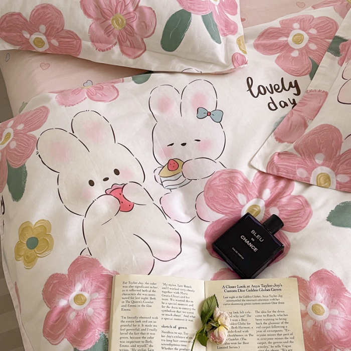 91家纺网 家纺一手货源 找家纺 盛馨家纺 全棉ins北欧风高支高密全棉喷气小清新纯棉四件套 花粉兔