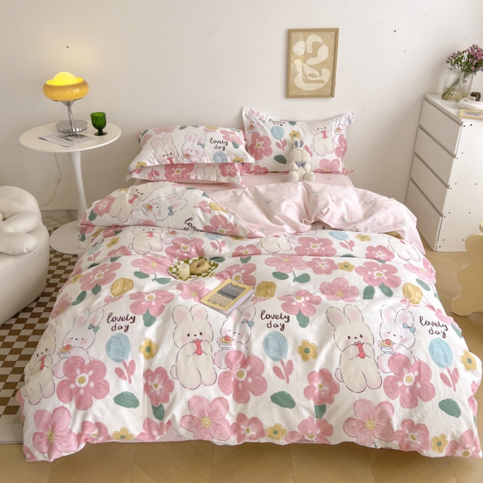 91家纺网 家纺一手货源 找家纺 盛馨家纺 全棉ins北欧风高支高密全棉喷气小清新纯棉四件套 花粉兔