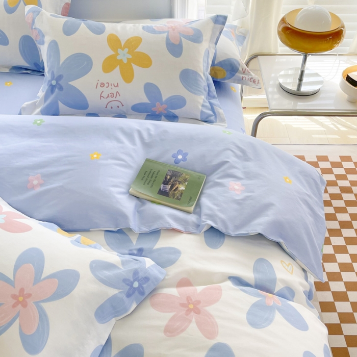 91家纺网 家纺一手货源 找家纺 盛馨家纺 全棉ins北欧风高支高密全棉喷气小清新纯棉四件套 花海蓝