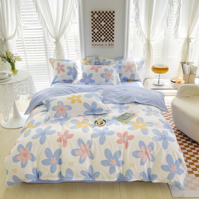 91家纺网 家纺一手货源 找家纺 盛馨家纺 全棉ins北欧风高支高密全棉喷气小清新纯棉四件套 花海蓝