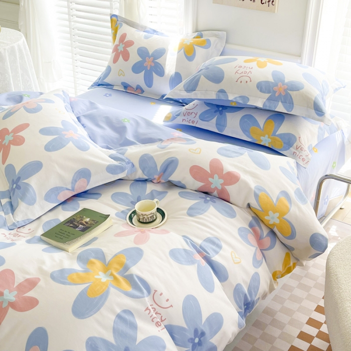 91家纺网 家纺一手货源 找家纺 盛馨家纺 全棉ins北欧风高支高密全棉喷气小清新纯棉四件套 花海蓝