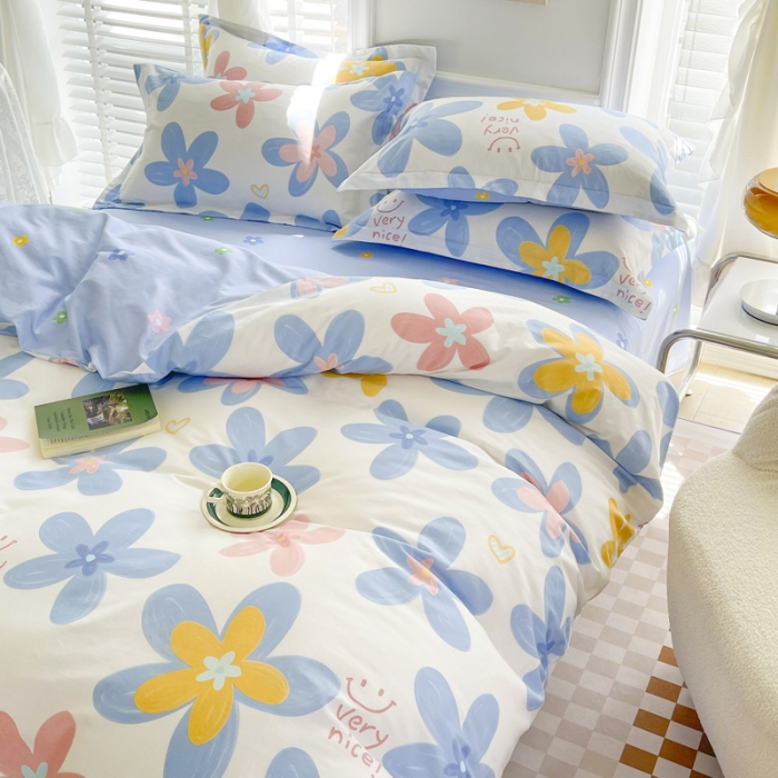 91家纺网 家纺一手货源 找家纺 盛馨家纺 全棉ins北欧风高支高密全棉喷气小清新纯棉四件套 花海蓝