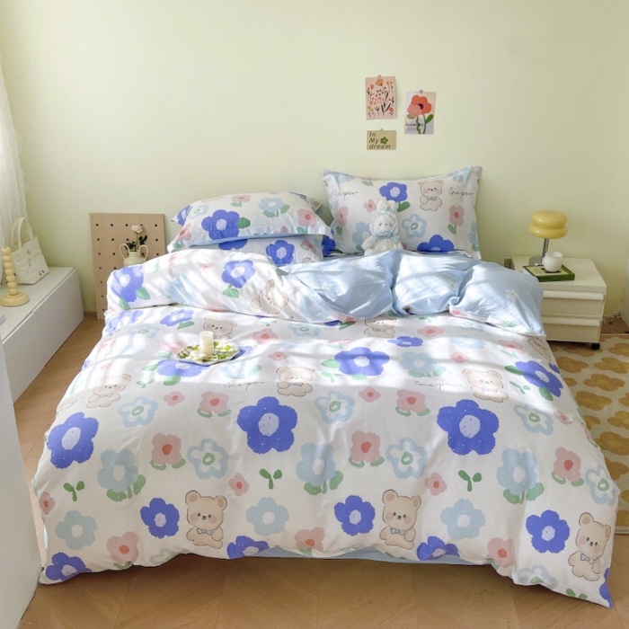 91家纺网 家纺一手货源 找家纺 盛馨家纺 全棉ins北欧风高支高密全棉喷气小清新纯棉四件套 花花小熊