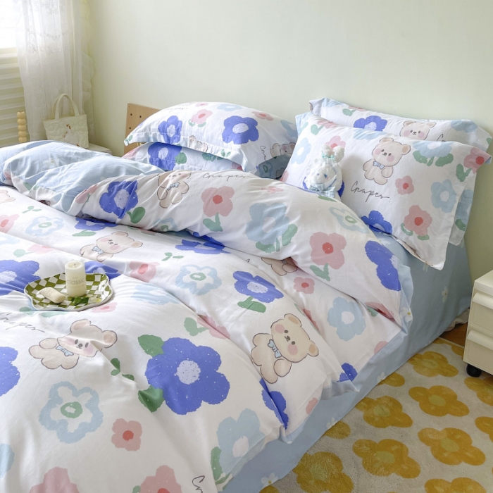 91家纺网 家纺一手货源 找家纺 盛馨家纺 全棉ins北欧风高支高密全棉喷气小清新纯棉四件套 花花小熊