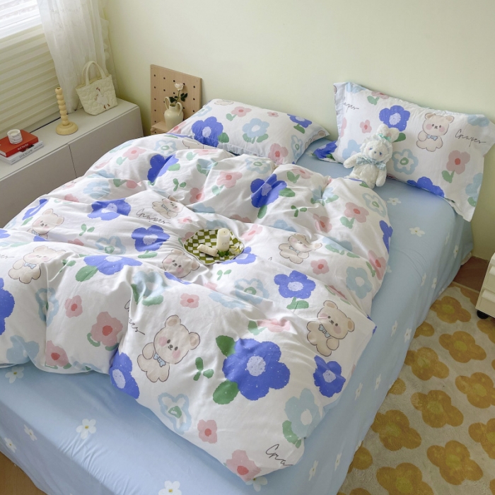 91家纺网 家纺一手货源 找家纺 盛馨家纺 全棉ins北欧风高支高密全棉喷气小清新纯棉四件套 花花小熊