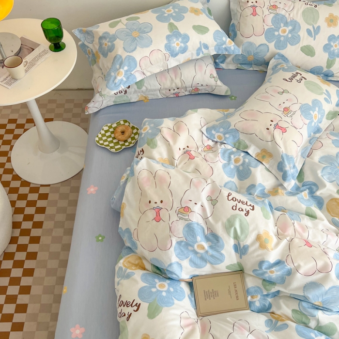 91家纺网 家纺一手货源 找家纺 盛馨家纺 全棉ins北欧风高支高密全棉喷气小清新纯棉四件套 花蓝兔