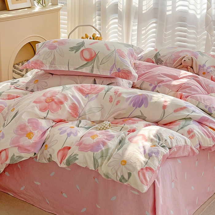 91家纺网 家纺一手货源 找家纺 盛馨家纺 全棉ins北欧风高支高密全棉喷气小清新纯棉四件套 花胥梦粉