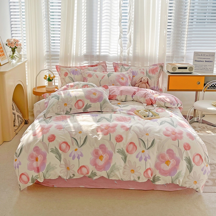 91家纺网 家纺一手货源 找家纺 盛馨家纺 全棉ins北欧风高支高密全棉喷气小清新纯棉四件套 花胥梦粉