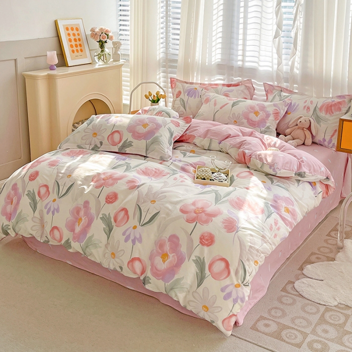 91家纺网 家纺一手货源 找家纺 盛馨家纺 全棉ins北欧风高支高密全棉喷气小清新纯棉四件套 花胥梦粉