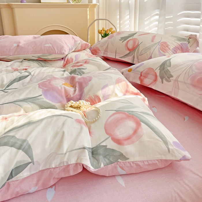 91家纺网 家纺一手货源 找家纺 盛馨家纺 全棉ins北欧风高支高密全棉喷气小清新纯棉四件套 花胥梦粉