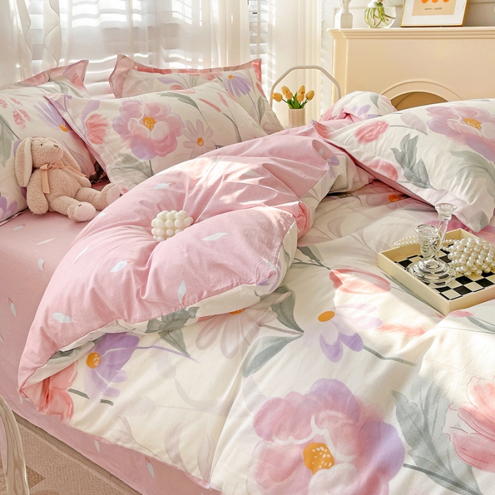 91家纺网 家纺一手货源 找家纺 盛馨家纺 全棉ins北欧风高支高密全棉喷气小清新纯棉四件套 花胥梦粉