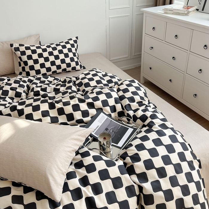 91家纺网 家纺一手货源 找家纺 呗旺鹿 2023新款13372舒适极简休闲风全棉纯棉印花四件套 黑米格