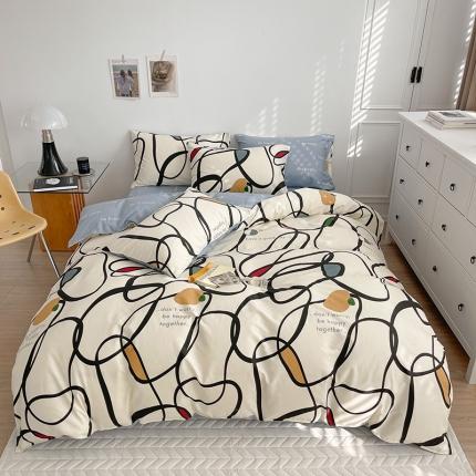 91家纺网 家纺一手货源 找家纺 呗旺鹿 2023新款13372舒适极简休闲风全棉纯棉印花四件套 朗尼