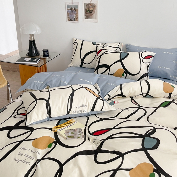 91家纺网 家纺一手货源 找家纺 呗旺鹿 2023新款13372舒适极简休闲风全棉纯棉印花四件套 朗尼