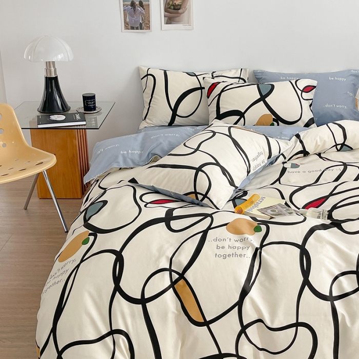 91家纺网 家纺一手货源 找家纺 呗旺鹿 2023新款13372舒适极简休闲风全棉纯棉印花四件套 朗尼