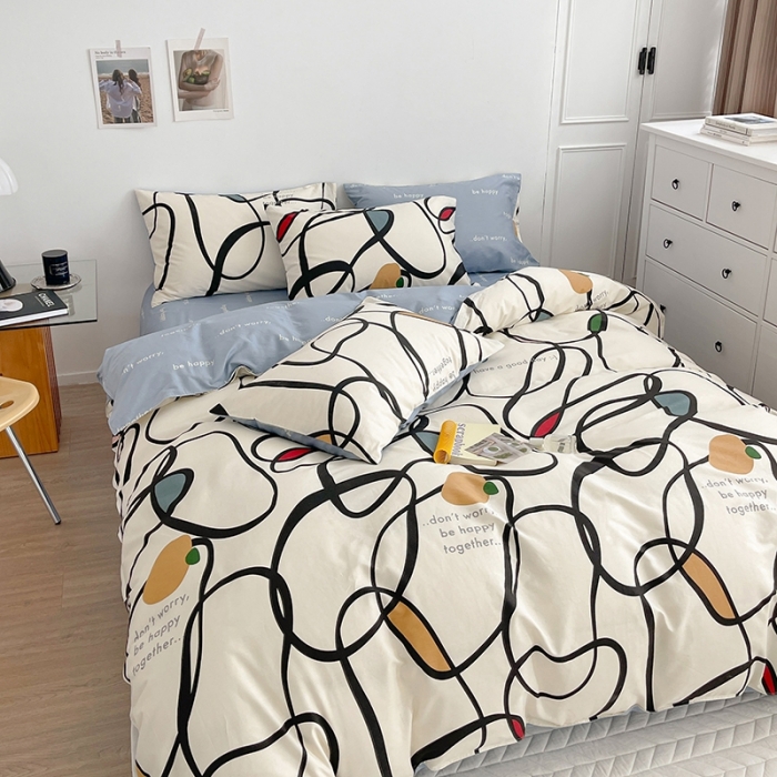 91家纺网 家纺一手货源 找家纺 呗旺鹿 2023新款13372舒适极简休闲风全棉纯棉印花四件套 朗尼