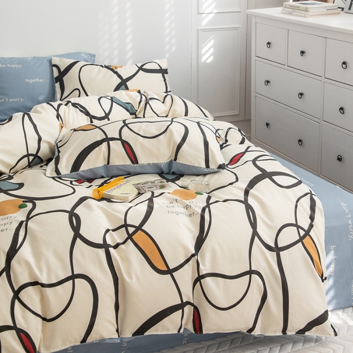 91家纺网 家纺一手货源 找家纺 呗旺鹿 2023新款13372舒适极简休闲风全棉纯棉印花四件套 朗尼