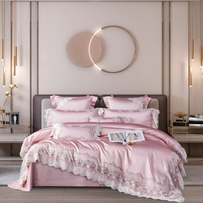 91家纺网 家纺一手货源 找家纺 缔缦 2023新款安娜系列高端居家轻奢真丝棉四件套 安娜-粉豆沙