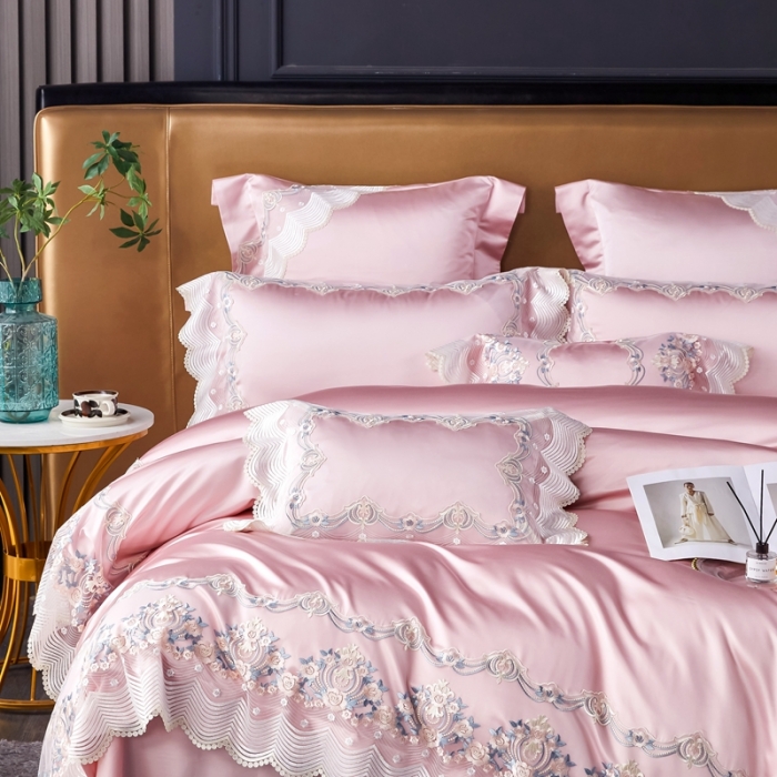 91家纺网 家纺一手货源 找家纺 缔缦 2023新款安娜系列高端居家轻奢真丝棉四件套 安娜-粉豆沙