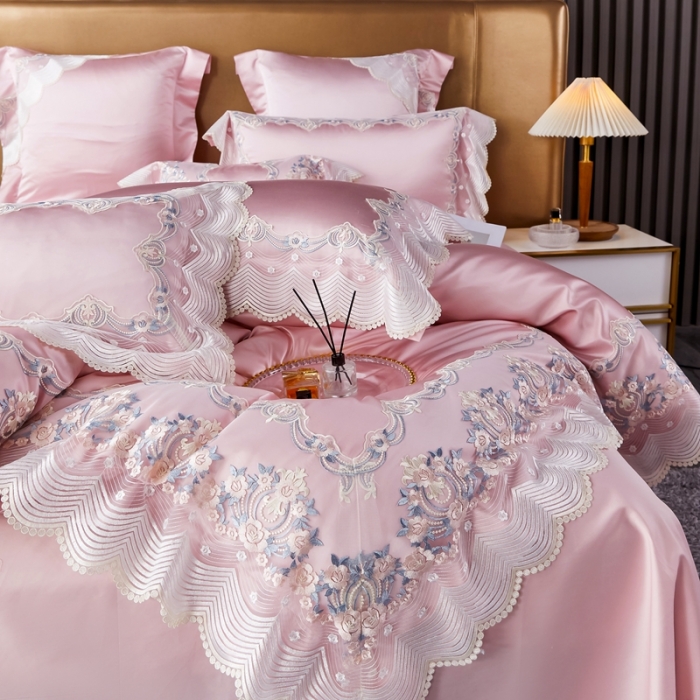 91家纺网 家纺一手货源 找家纺 缔缦 2023新款安娜系列高端居家轻奢真丝棉四件套 安娜-粉豆沙