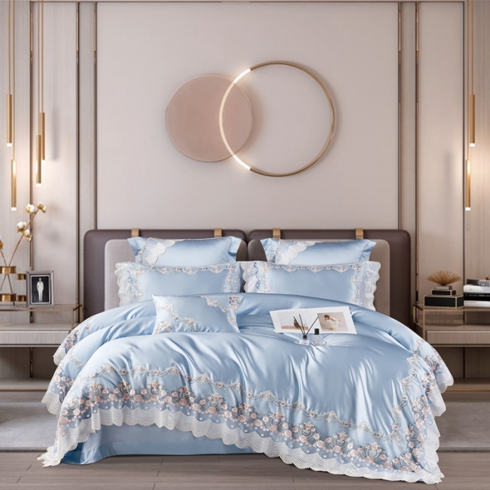 91家纺网 家纺一手货源 找家纺 缔缦 2023新款安娜系列高端居家轻奢真丝棉四件套 安娜-蓝