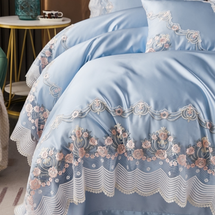 91家纺网 家纺一手货源 找家纺 缔缦 2023新款安娜系列高端居家轻奢真丝棉四件套 安娜-蓝