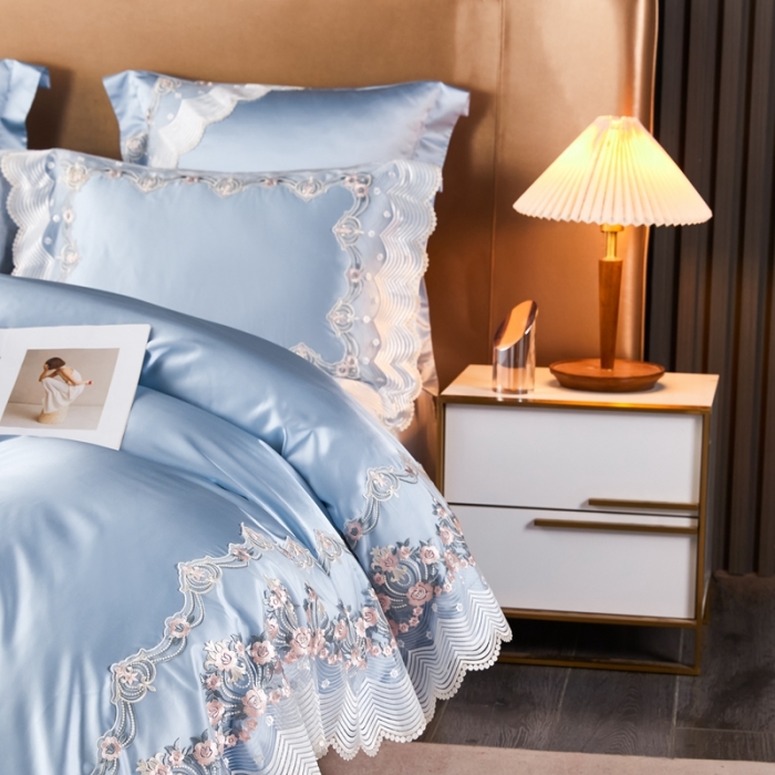 91家纺网 家纺一手货源 找家纺 缔缦 2023新款安娜系列高端居家轻奢真丝棉四件套 安娜-蓝