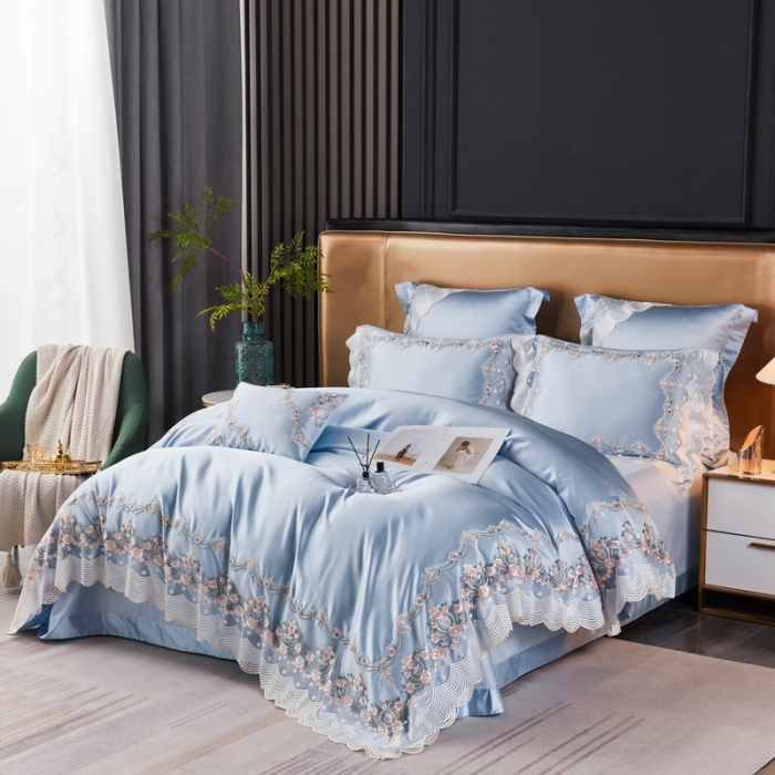 91家纺网 家纺一手货源 找家纺 缔缦 2023新款安娜系列高端居家轻奢真丝棉四件套 安娜-蓝